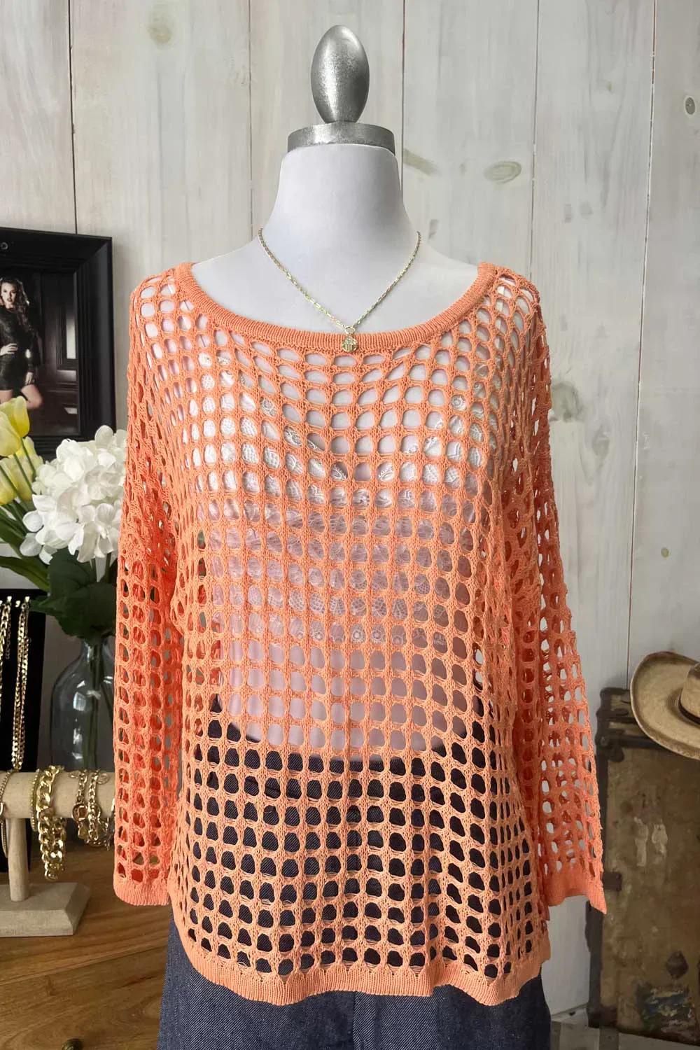 Orange Long Sleeve Crochet Bohemian Top
