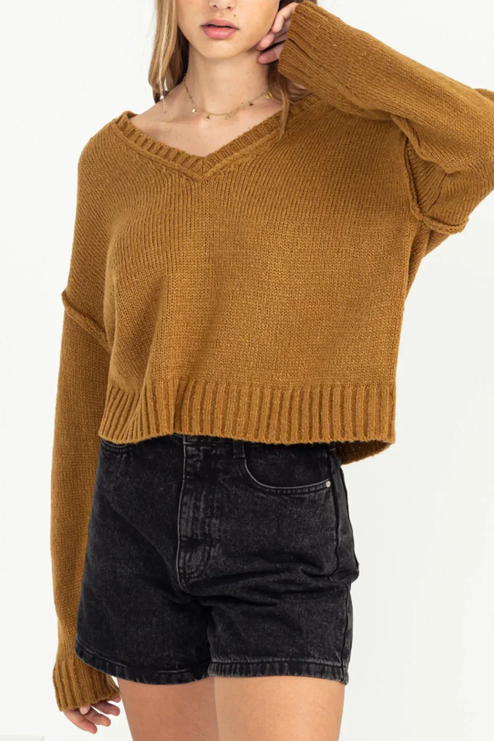 Cropped V-Neck Long Sleeve Soft Knit Cozy Boutique Fashion Sweater