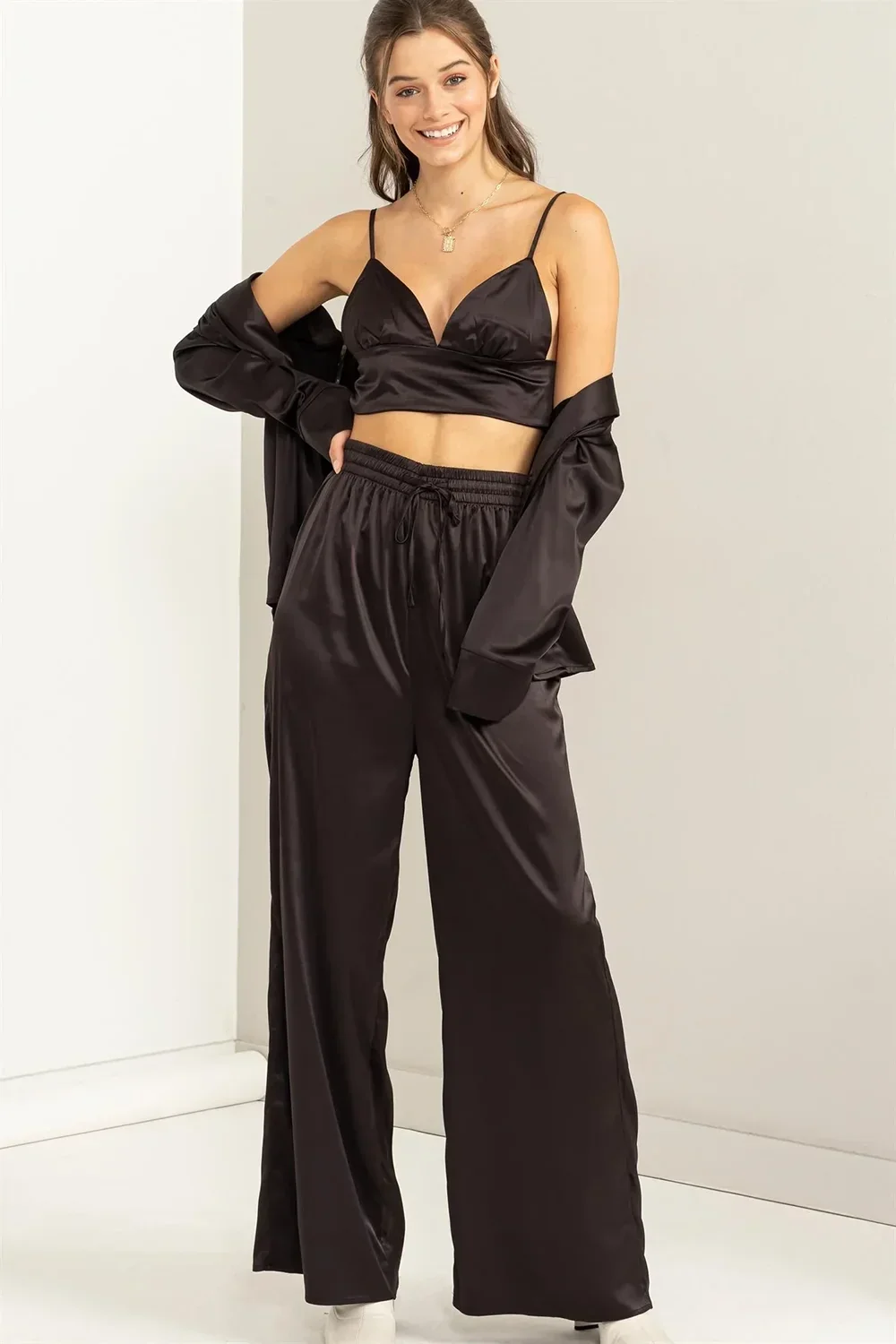 Satin 3 Piece Coordinated Crop Top Wide Leg Pants Blazer Set