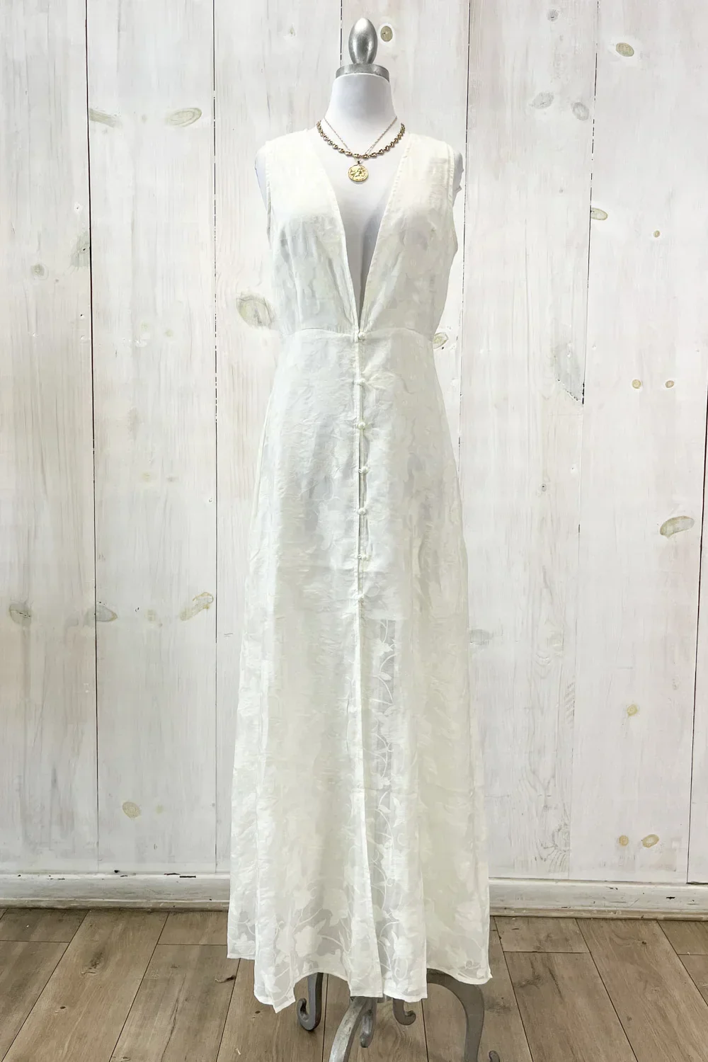 Sleeveless Floral Satin Button Down Front Slit Resort Dress