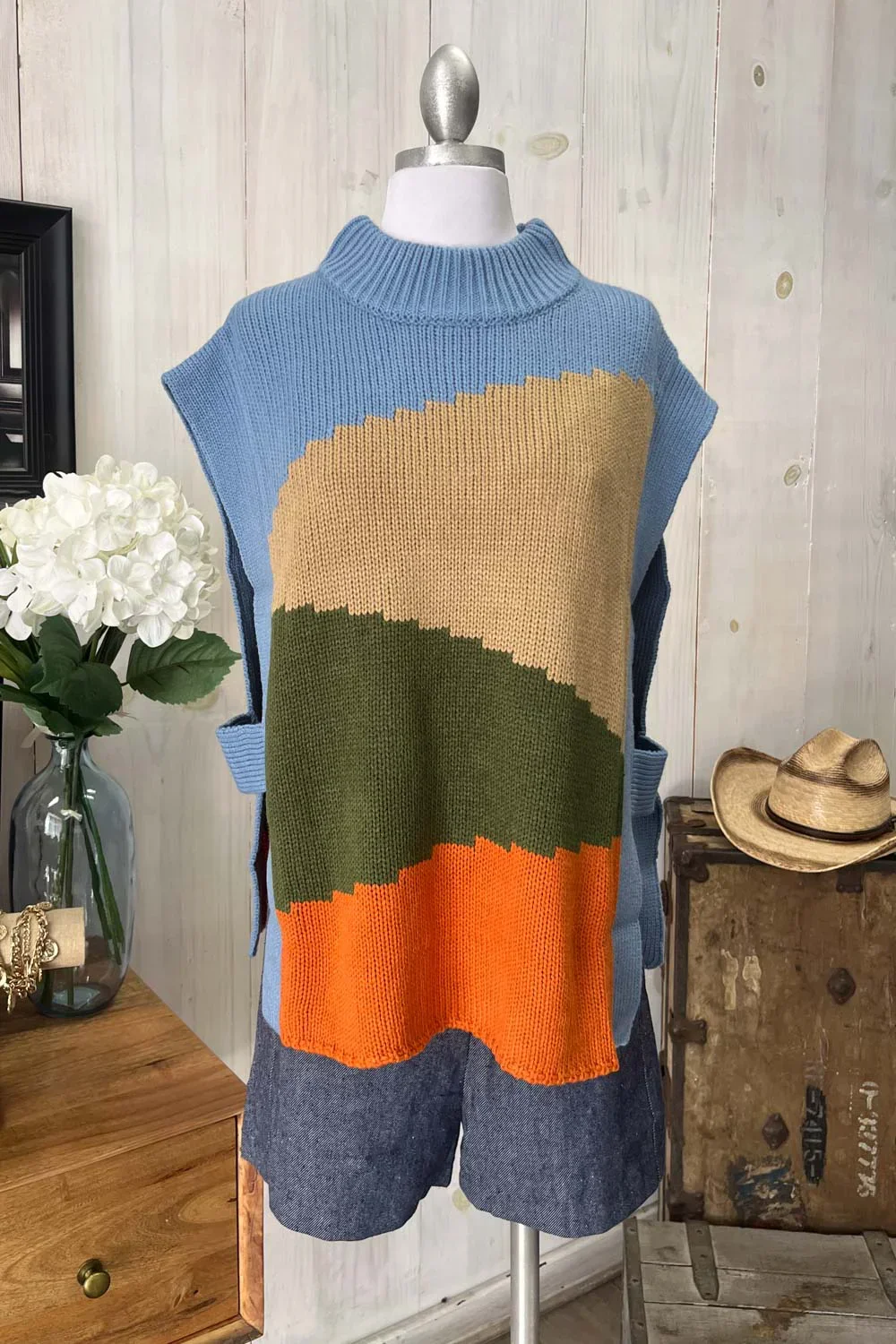 Colorblock Abstract Pattern Turtleneck Sleeveless Knit Sweater Vest