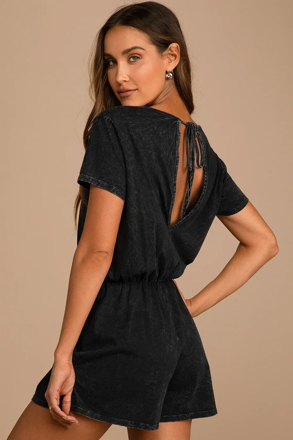 Black Acid Wash Open Back Tie Detail Short Sleeve Romper