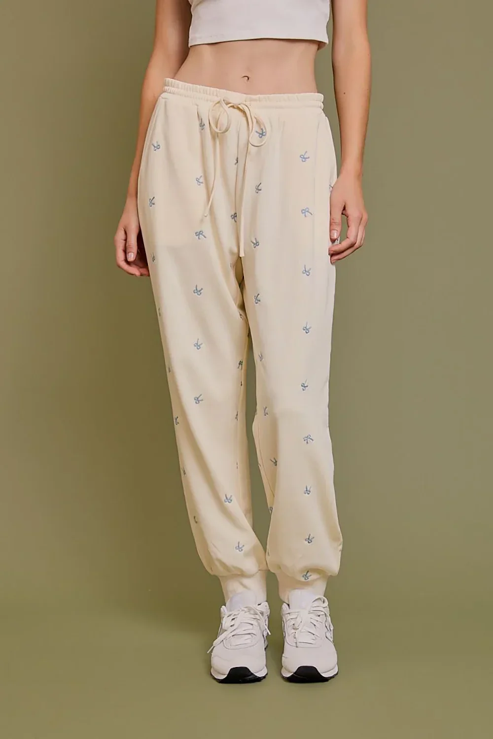 Cream Embroidered Bow Print Elastic Waist Drawstring Joggers