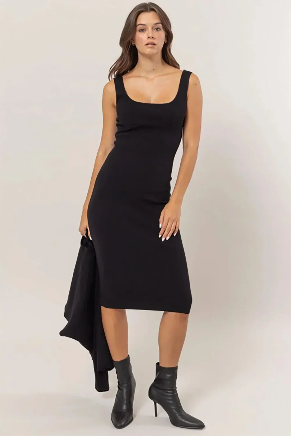 Ribbed Sleeveless Round Neck Midi Dress & Crop Cami Long Sleeve Sweater Set