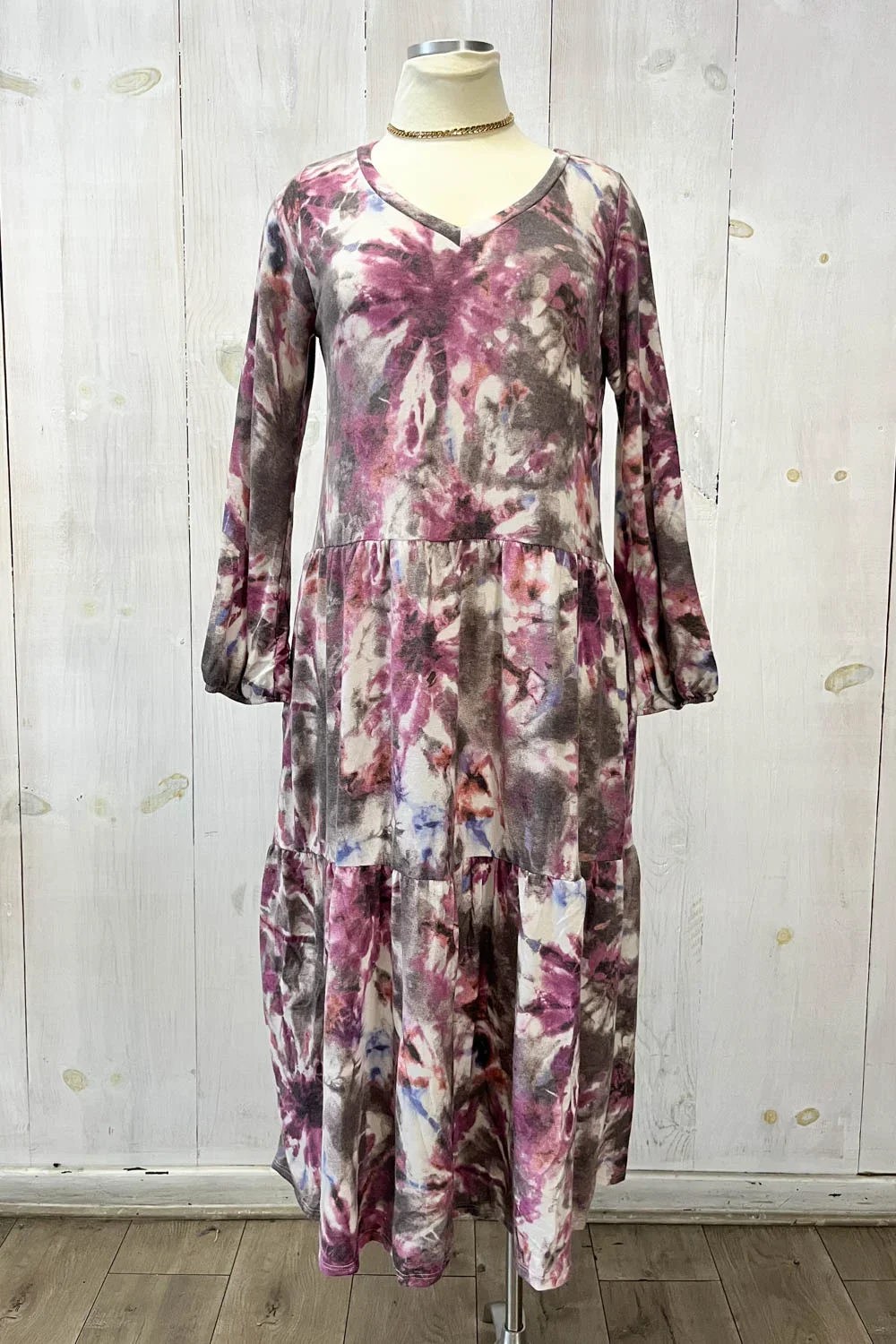 Plus Size Boho Tie Dye Long Sleeve Tiered Midi Boutique Fashion Dress