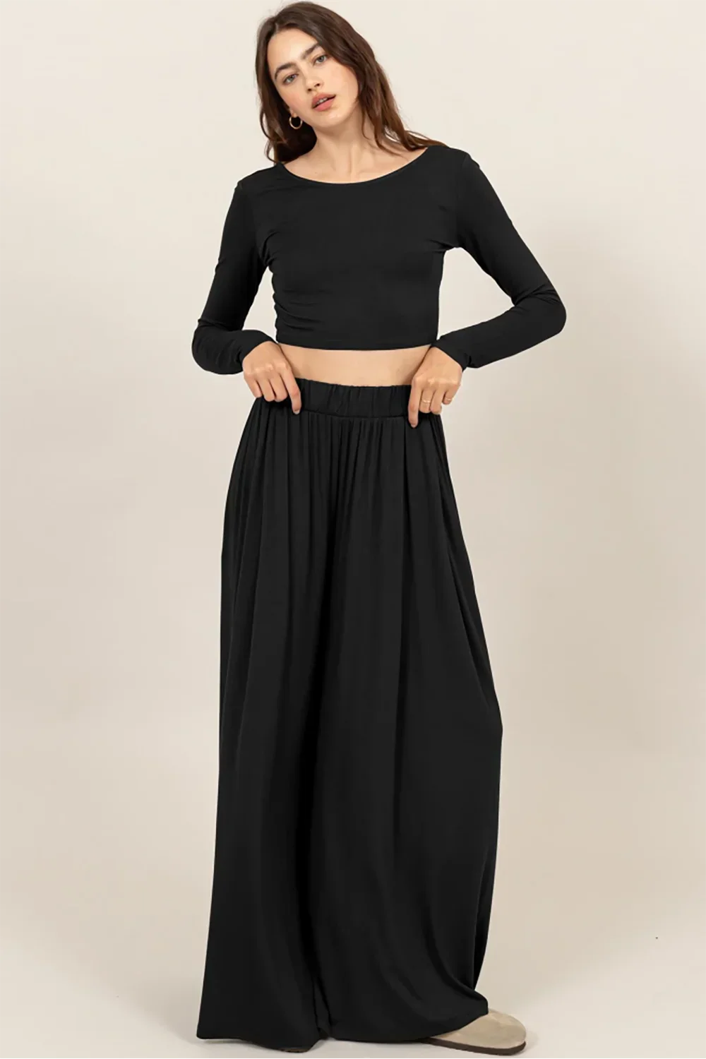 Long Sleeve Crop Top & Extra Wide Maxi Pants Set