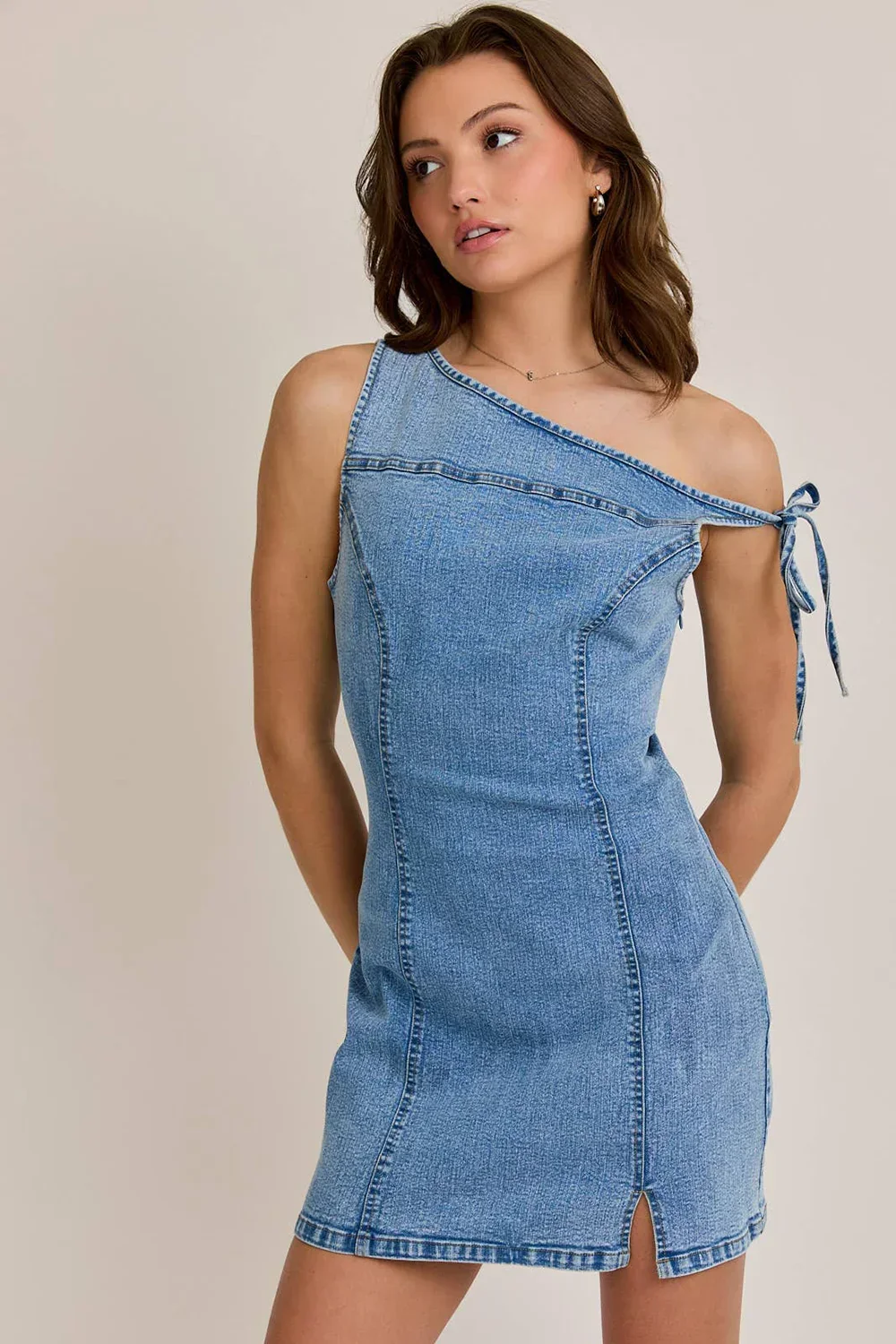 Asymmetrical One-Shoulder Denim Contemporary Edgy Chic Mini Dress