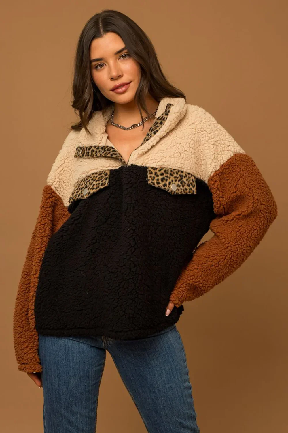 Colorblock Leopard Print Trim Sherpa Fleece Pullover Sweater