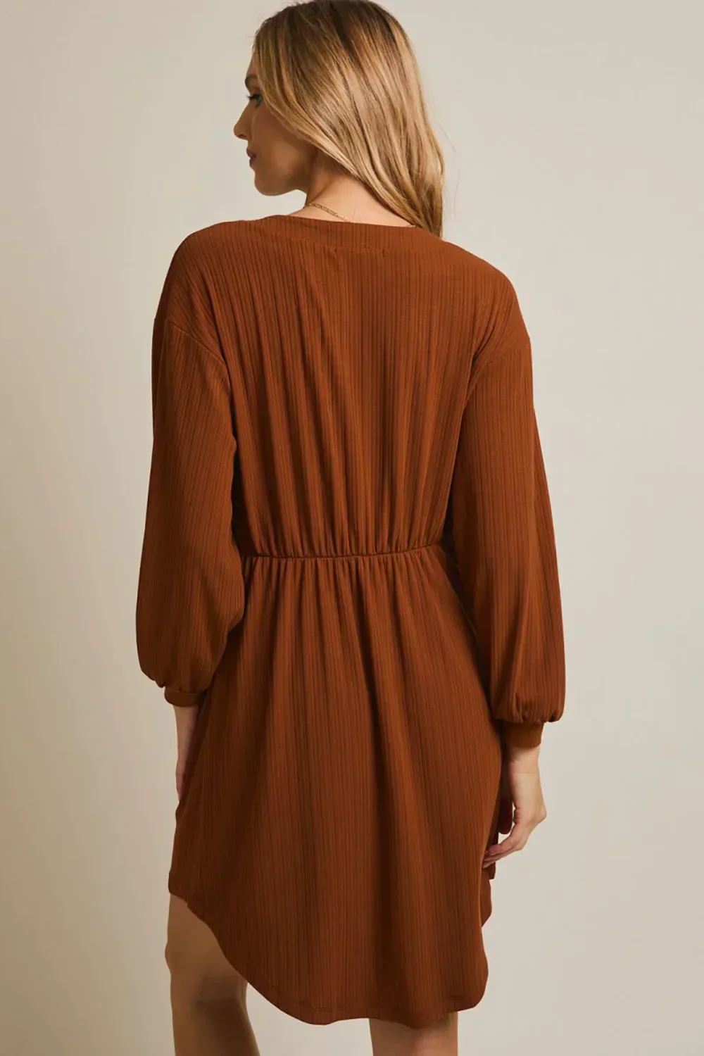 Rust Brown Ribbed Knit Balloon Sleeves Button-Front V-Neck Mini Dress