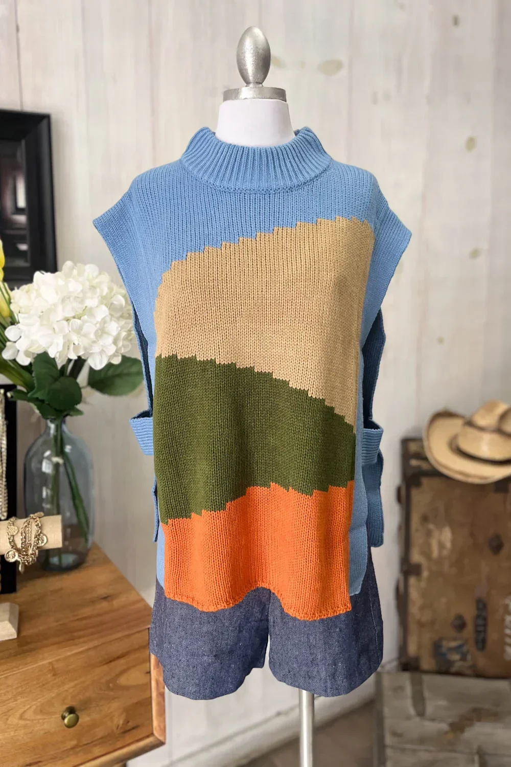 Colorblock Abstract Pattern Turtleneck Sleeveless Knit Sweater Vest