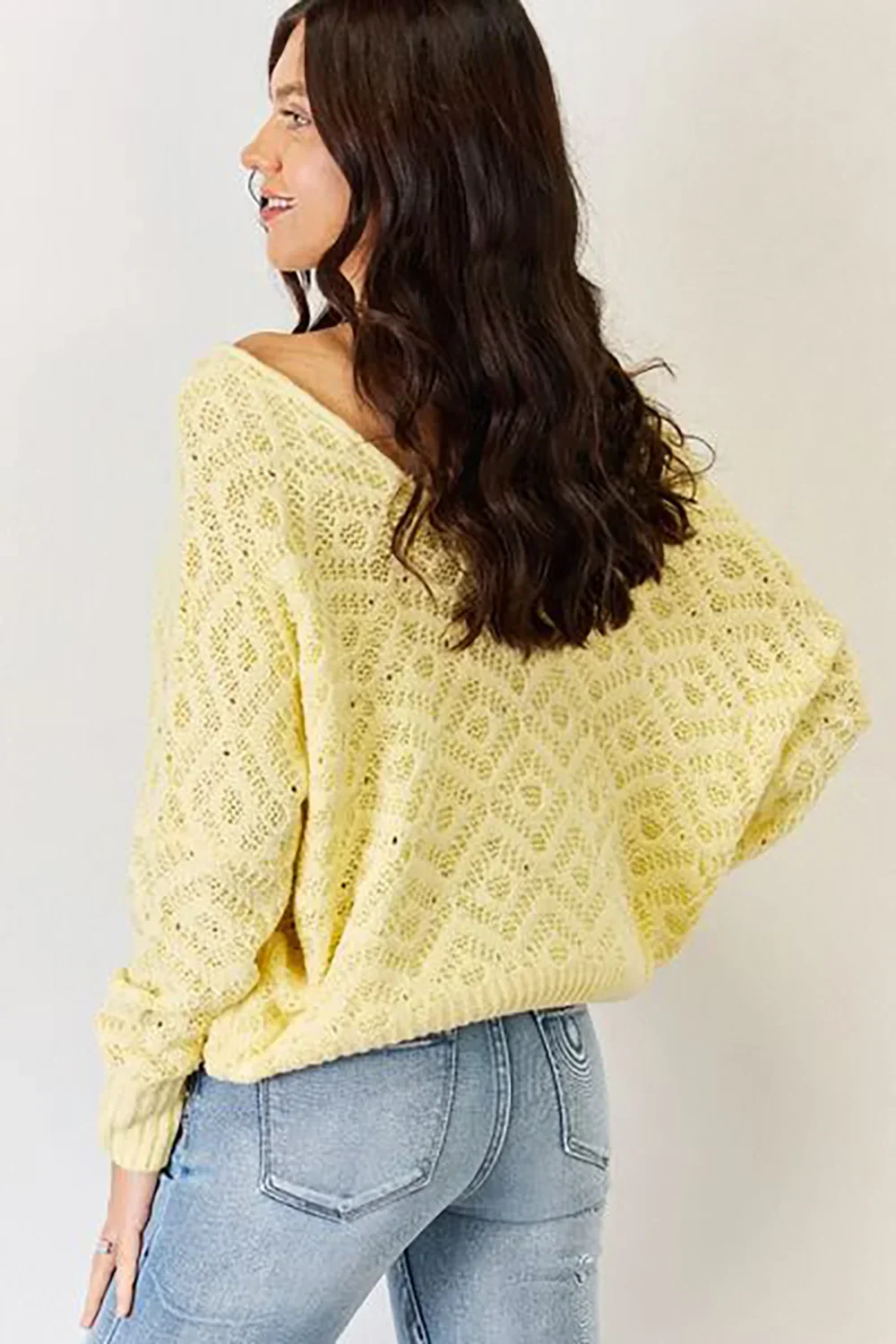 Lightweight Yellow Lace Knit Patterned Long Sleeve Pullover Wholesale Sweater