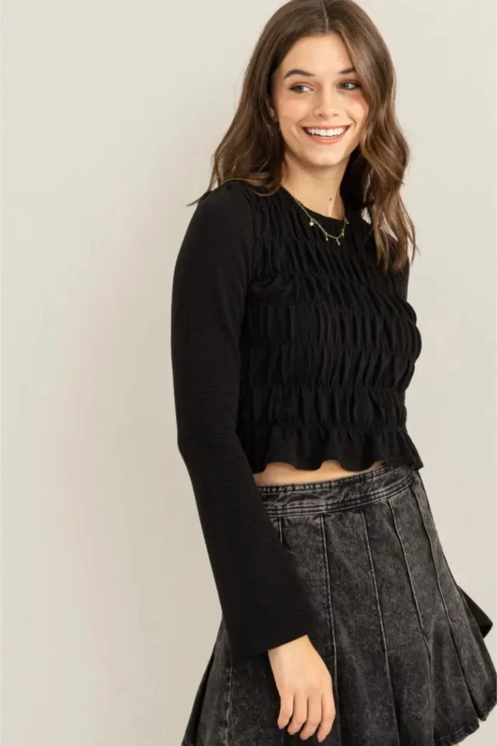 Sheer Long Sleeve Textured Ruched Front Trendy Cropped Top