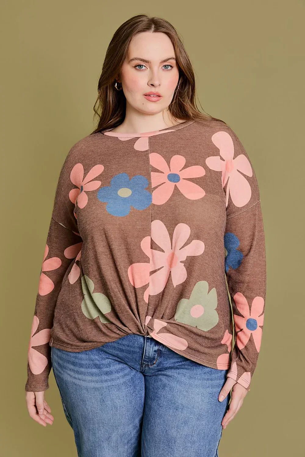 Plus Size Retro Floral Print Long Sleeve Twisted Hem Relaxed Fit Boutique Top