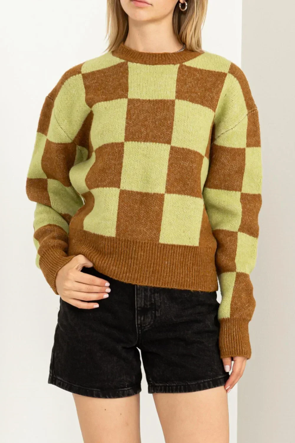 Retro Checkerboard Soft Knit Crew Neck Cropped Pullover Sweater