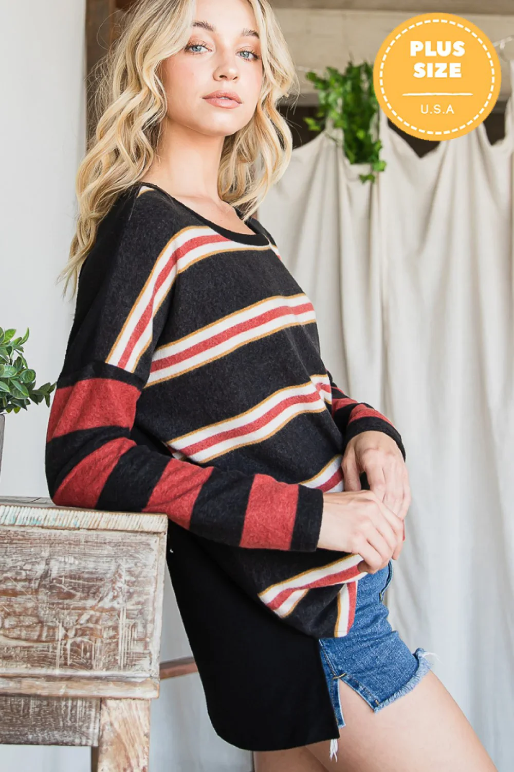 Plus Size Striped Scoop Neck Long Sleeve Oversized Knit Sweater Top