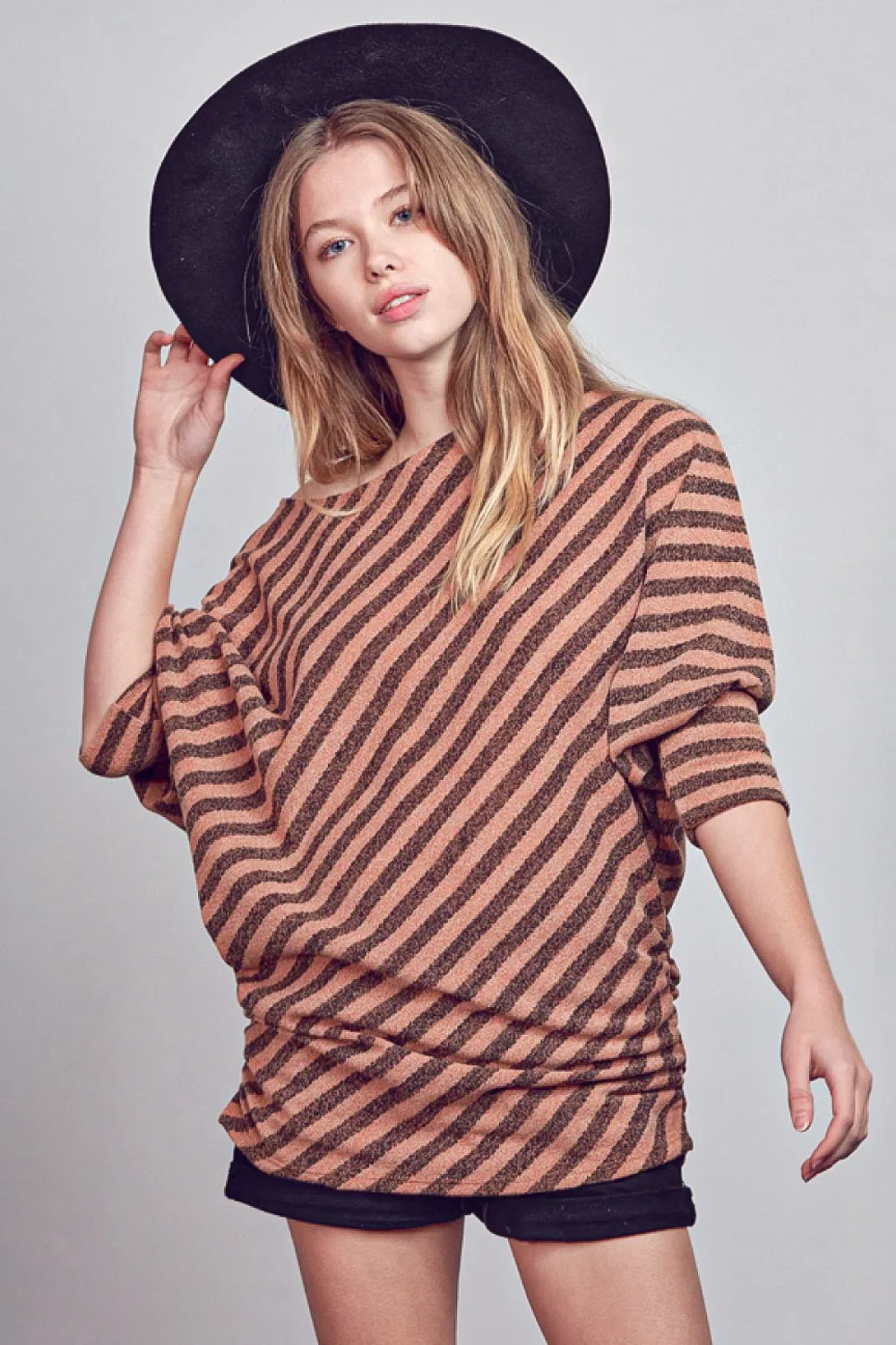 Plus Size Diagonal Striped Off Shoulder Dolman Sleeve Casual Top