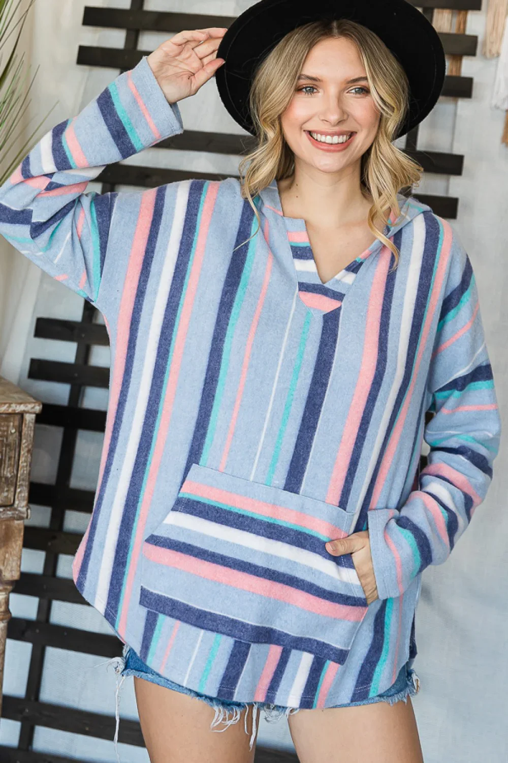 Plus Size Fleece Blue Pink Striped Long Sleeve Hooded Pullover Sweater