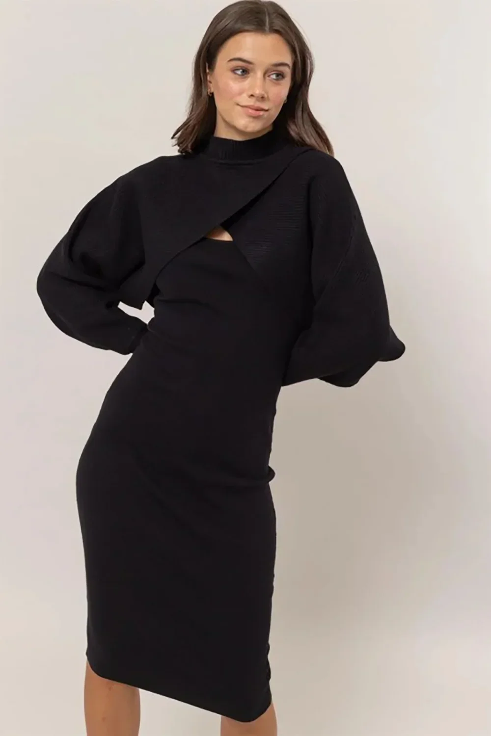 Ribbed Sleeveless Round Neck Midi Dress & Crop Cami Long Sleeve Sweater Set
