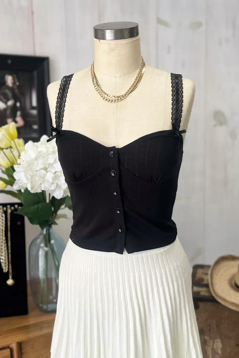 Ribbed Knit Button Front Corset Bustier Delicate Lace Trim and Bow Details Top
