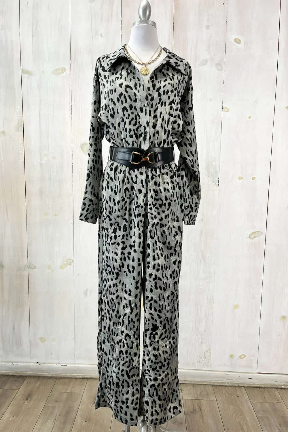 Leopard Print Satin Jumpsuit Long Sleeve Button Front Wide Leg Boutique Jumpsuit