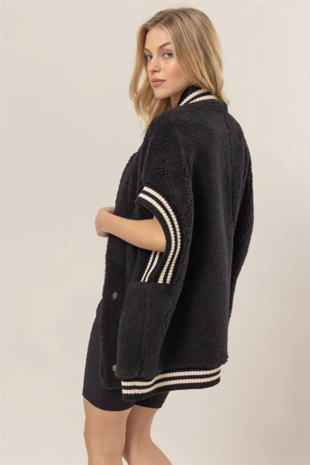 Black Sherpa Oversized Baseball Striped Trim Cozy Vest