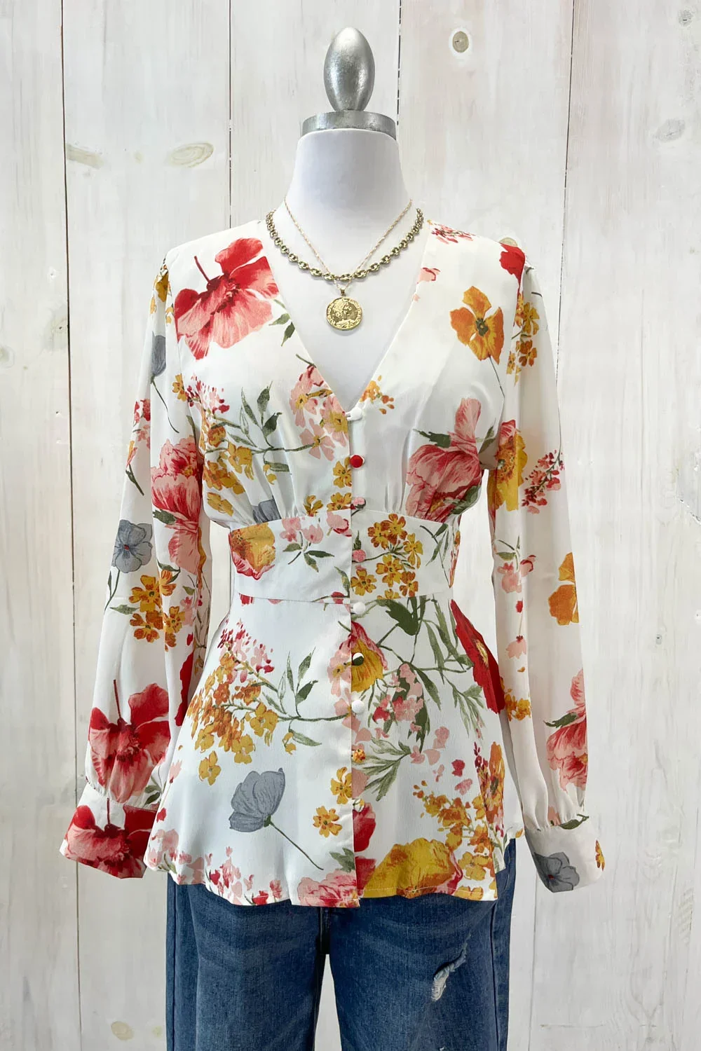 White Floral Print Peplum Top Long Sleeve V-Neck Button Front Blouse