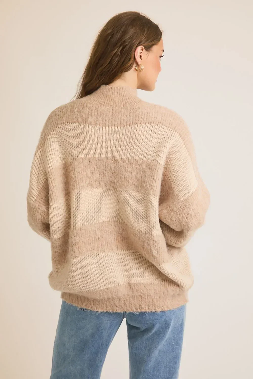 Cozy Striped Fuzzy Knit Mock Neck Oversized Sweater