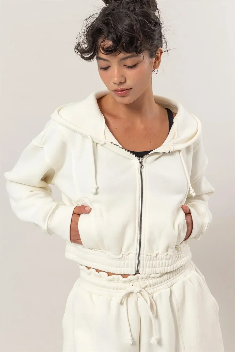 Cropped Zip Up Trendy Seam Detailing Fleece Fall Hoodie Jacket