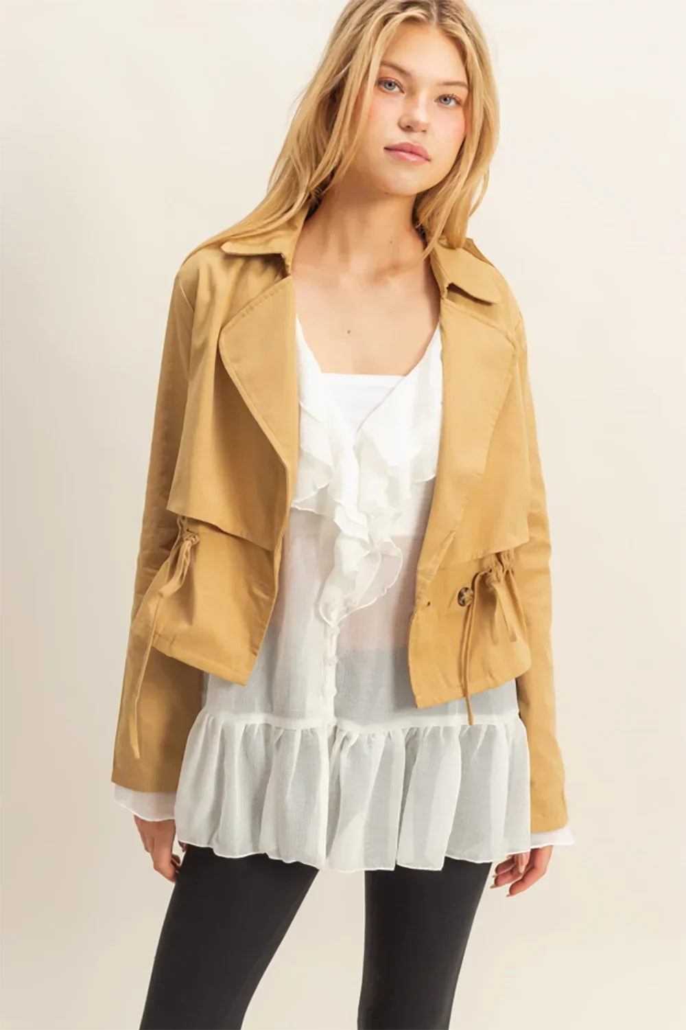 Cropped Double Breasted Trench Coat Khaki Belted Fall Jacket