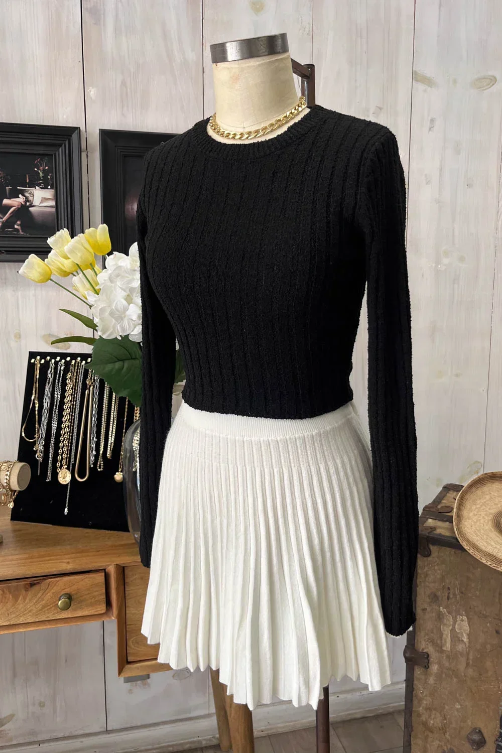 High Waisted Pleated Knit Mini Boutique Sweater Skirt
