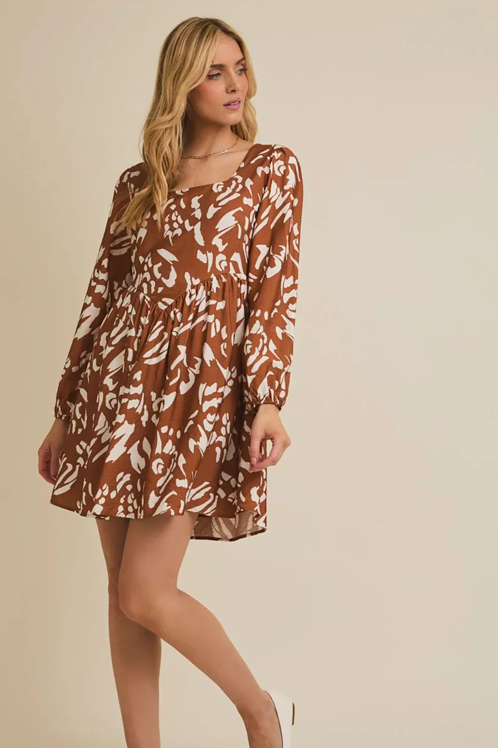Plus Size Rust Brown Abstract Print Long Sleeve Empire Waist Boho Mini Dress