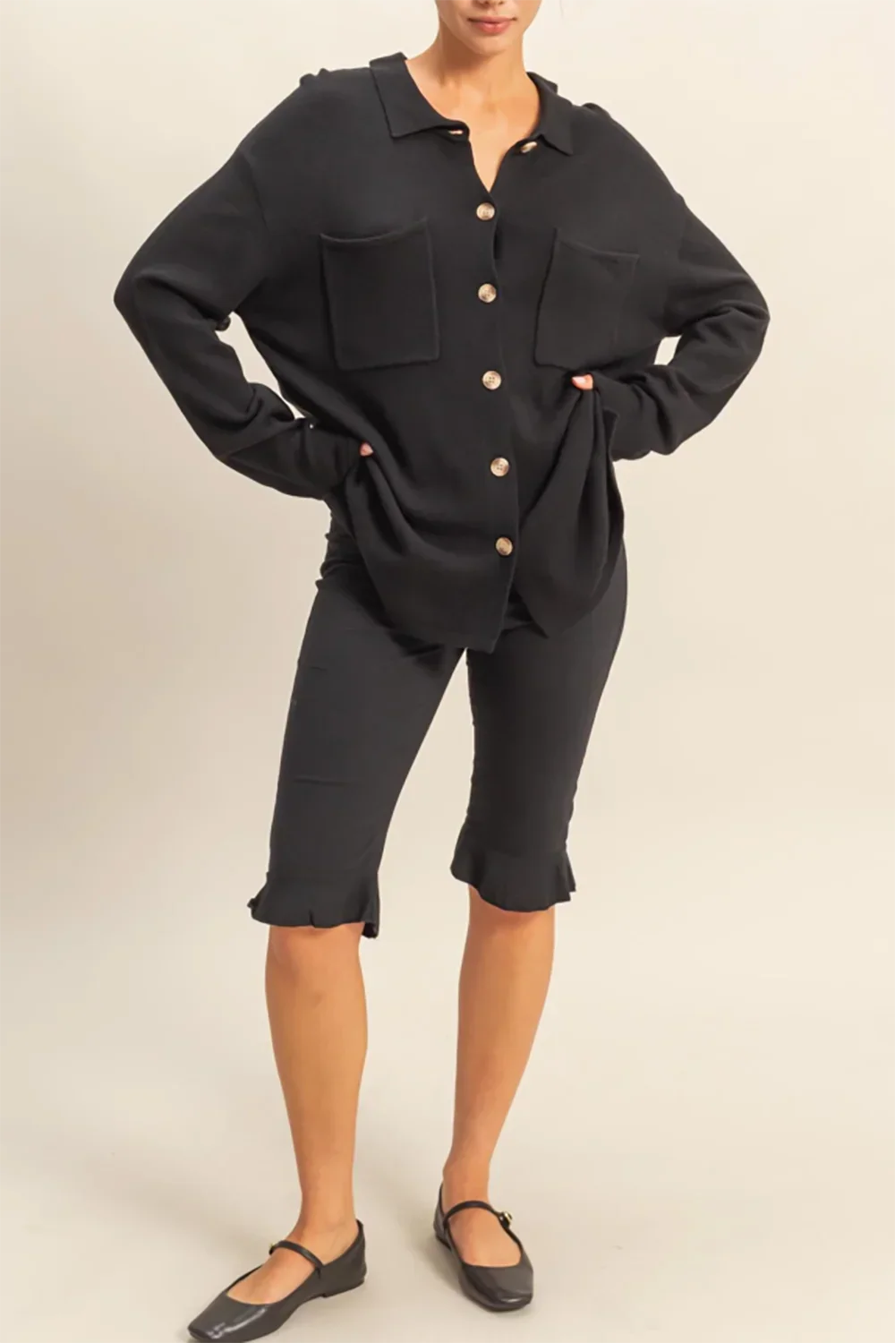 Black Collared Front Pocket Button Down Sweater Shirt Long Sleeve Top