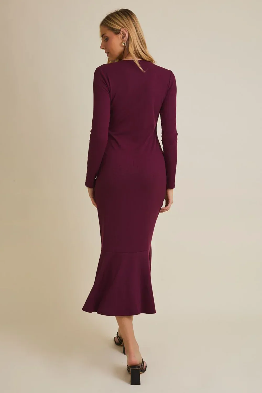 Plum Ribbed Button Front Long Sleeve V-Neck Midi Dress with Flare Hem