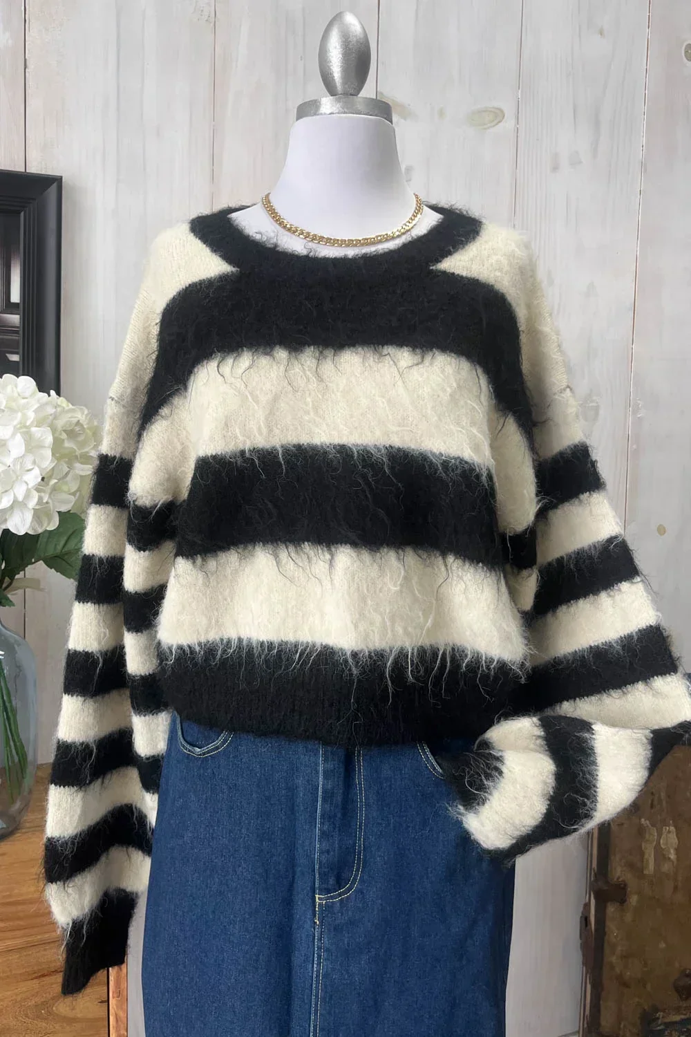 Black White Striped Fuzzy Knit Long Sleeve Cropped Sweater