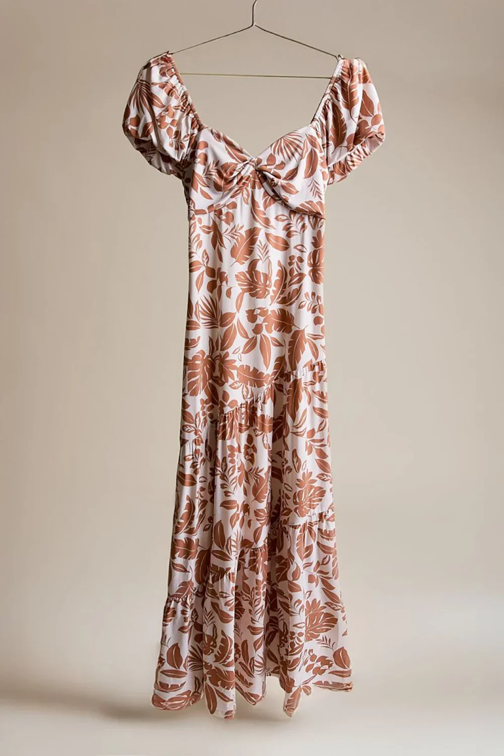 Plus Size Cream Brown Tropical Leaf Print Sweetheart Neck Short Sleeve Maxi Dress