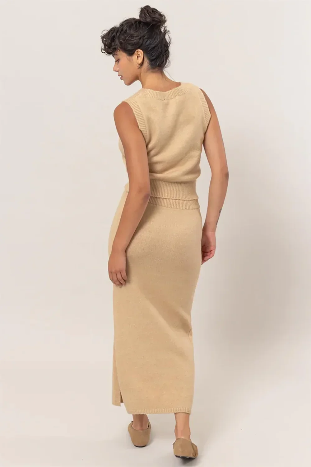 Ribbed Knit Button Front Sleeveless Vest Top Midi Skirt Two Piece Set