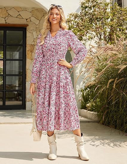 New 2025 women's printed long-sleeved midi dress, a bohemian style flowing A-line dress, elegant and fashionable, with pockets.