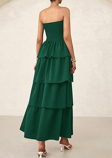 Summer 2025 women's long dress, featuring an off-the-shoulder design, layered ruffles, and a flowing skirt, perfect for wedding guests.