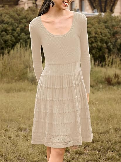 Women's long-sleeved sweater dress, knitted and crocheted, casual A-line silhouette, flowing short dress.
