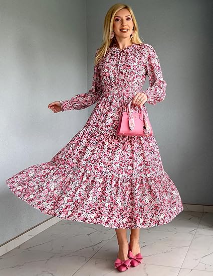 New 2025 women's printed long-sleeved midi dress, a bohemian style flowing A-line dress, elegant and fashionable, with pockets.