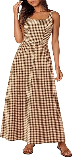 Women's 2025 Summer Sleeveless Maxi Dress, plaid pattern, square neckline, A-line silhouette, casual beach vacation long dress.