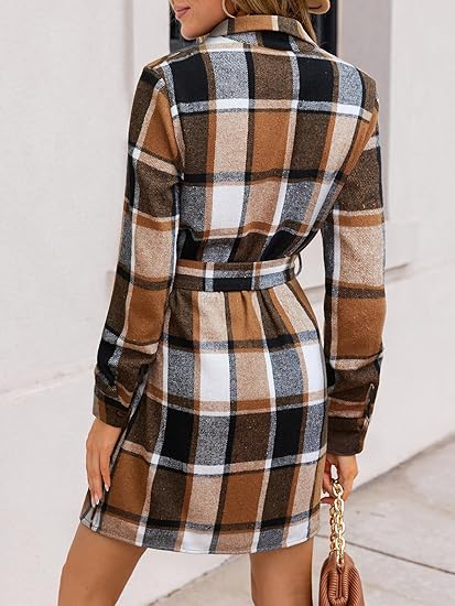 Women's autumn mini dress, button-down design, long sleeves, plaid pattern, with belt, casual short A-line shirt dress.