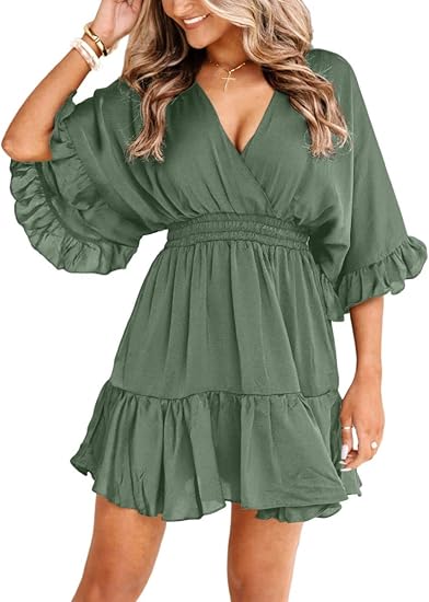 Women's V-neck casual dress, summer loose-fitting high-waisted ruffled pleated cute mini dress.