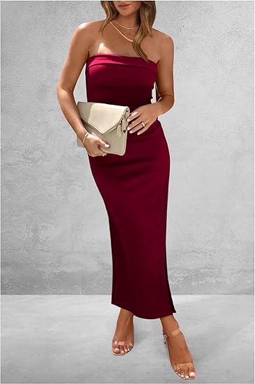 Women's summer slim-fit long strapless dress, made of ribbed fabric, featuring a side slit, a fashionable, casual, and elegant party dress.