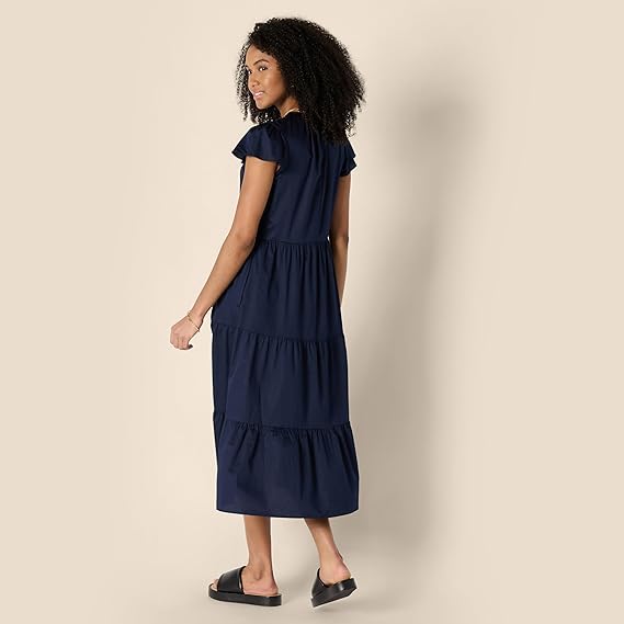 Women's loose-fitting cotton satin round-neck layered midi dress