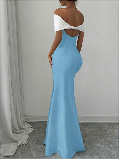 This women's off-the-shoulder, color-block, slim-fit, mermaid-style long dress is perfect for parties and cocktail events.