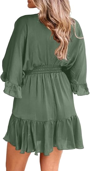 Women's V-neck casual dress, summer loose-fitting high-waisted ruffled pleated cute mini dress.