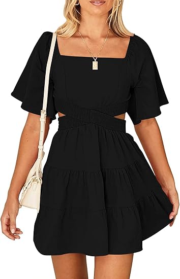 Women's Summer Dresses Square Neck Casual Short Sleeves Elastic Waist Party Mini Dress