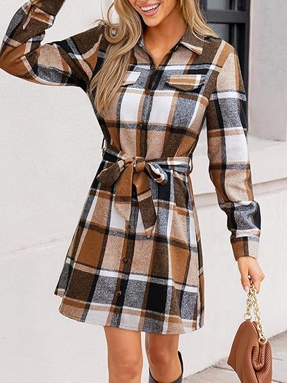 Women's autumn mini dress, button-down design, long sleeves, plaid pattern, with belt, casual short A-line shirt dress.