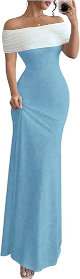 This women's off-the-shoulder, color-block, slim-fit, mermaid-style long dress is perfect for parties and cocktail events.